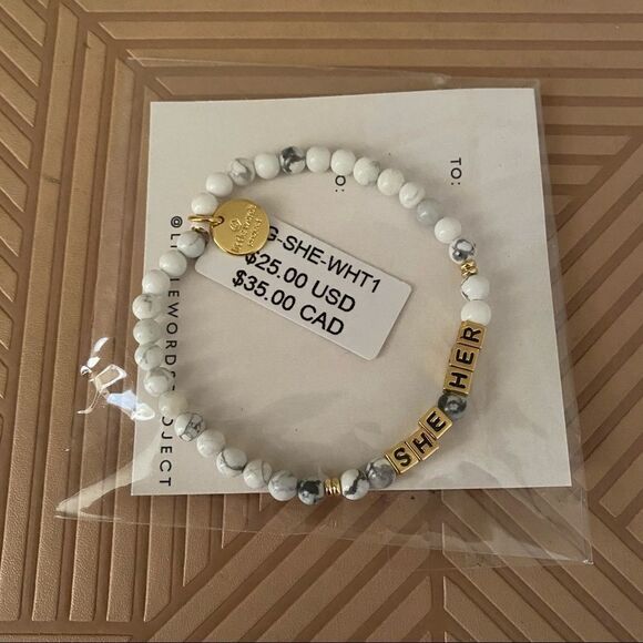 Little Words Project Bracelet She Her Stretch Beaded Gold Marble Neutral Casual - Picture 2 of 5